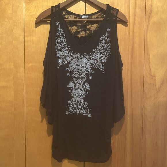 VIntage Deb-Sz L-Black Off Shoulder Dolman SleeveTop-Silver Beading-Fairy-Tunic - Picture 1 of 10